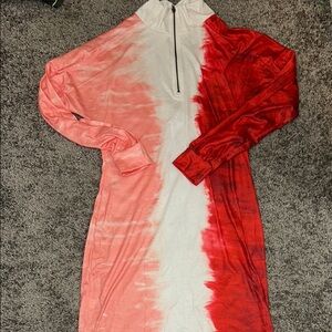 Red and Pink Mock Neck Sheath Dress for a Night Out